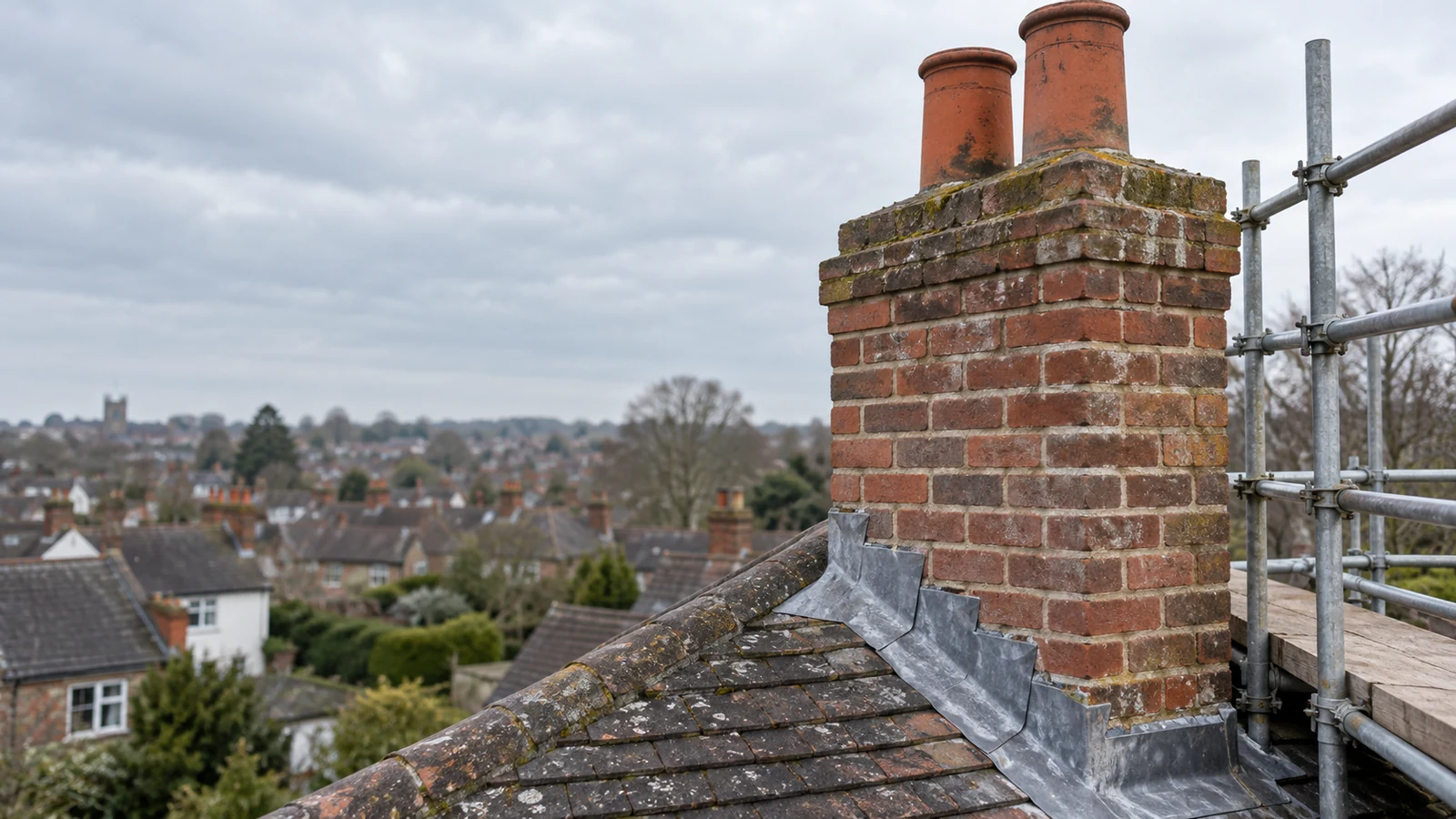 Illustration of chimney repairs on a British property